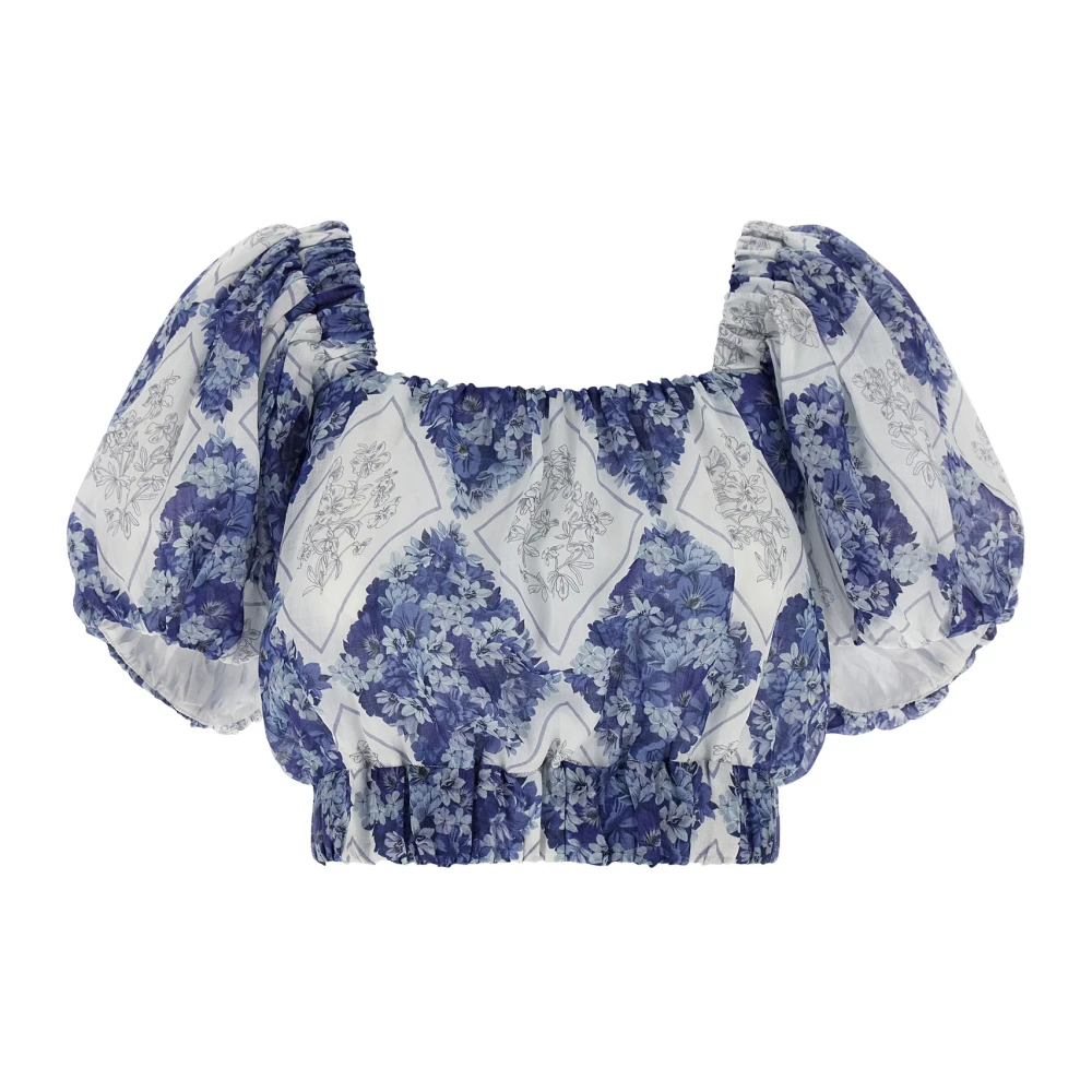 Twinset Women's Blue Blouses, Xs, Floral Lozenge Print Ramie Blouse