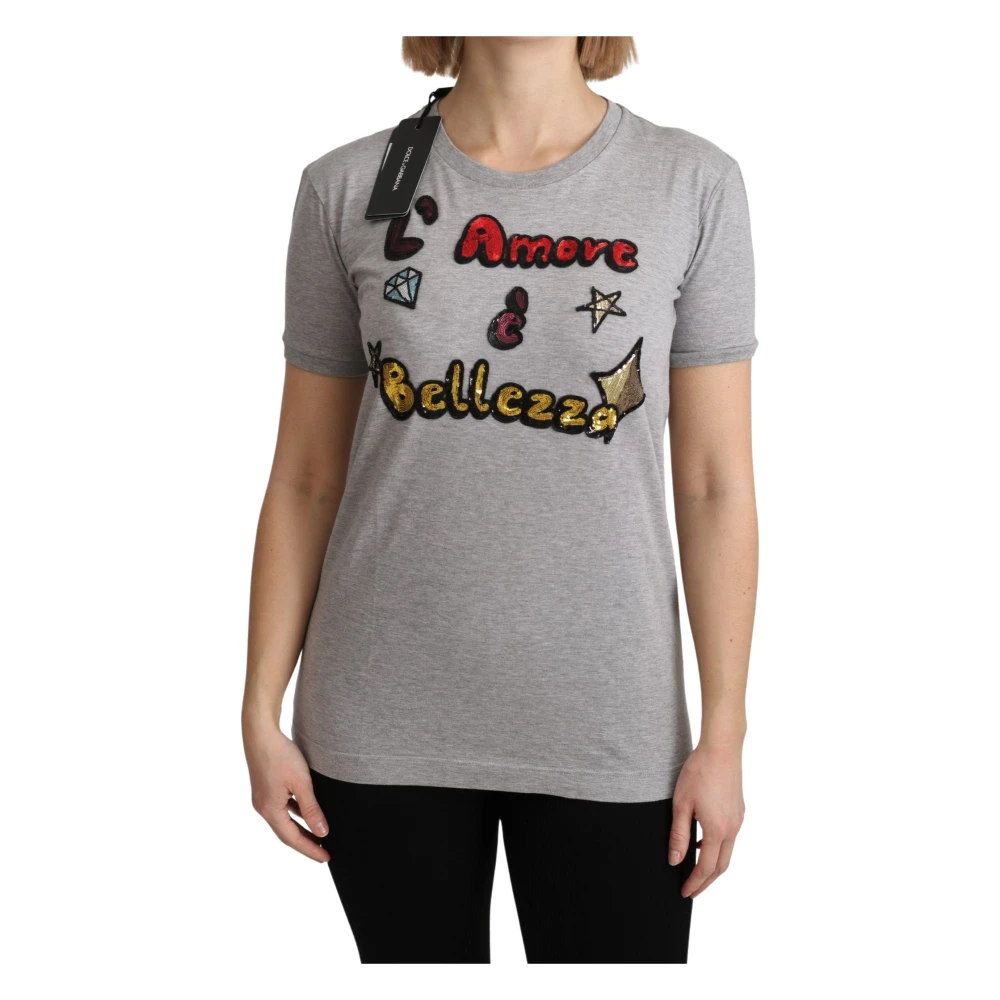 Dolce & Gabbana Women's Gray T-Shirts, Xs, Sequined Motive Cotton Tee