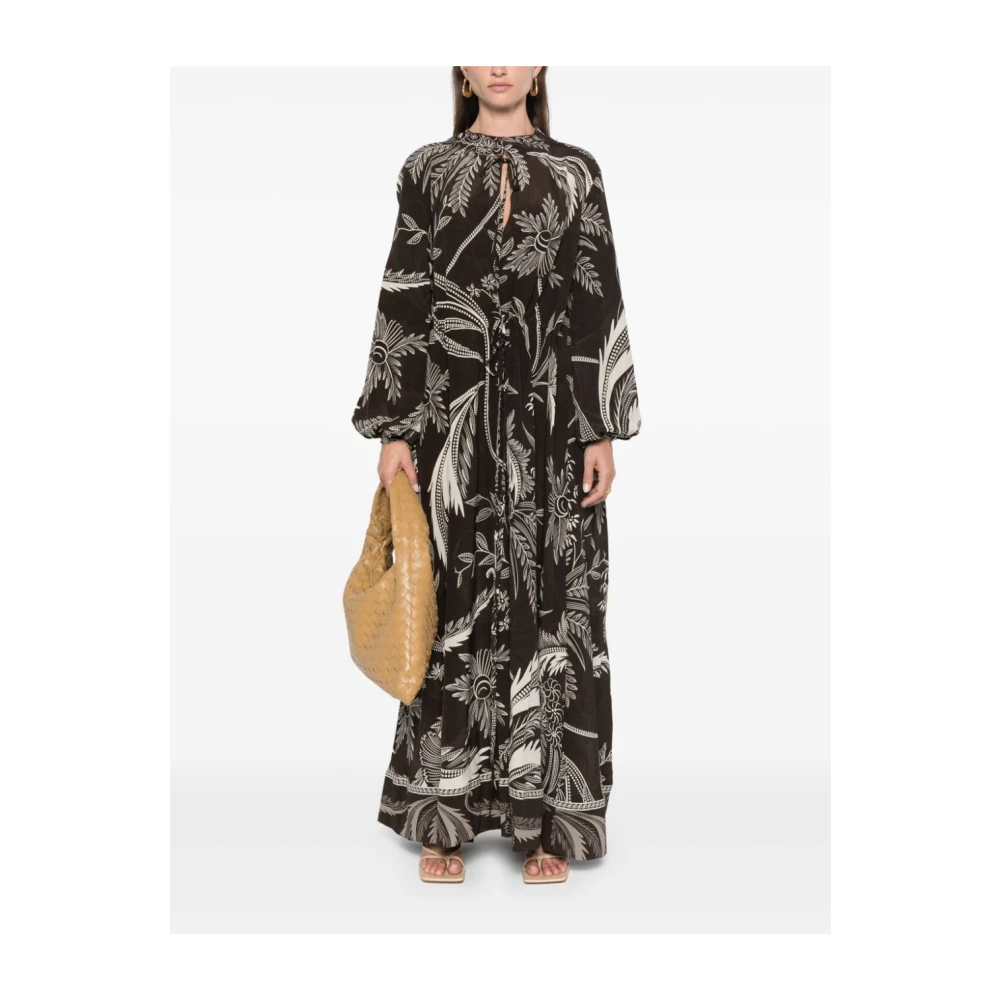 F.r.s For Restless Sleepers Zijden jurk met botanische print Brown Dames
