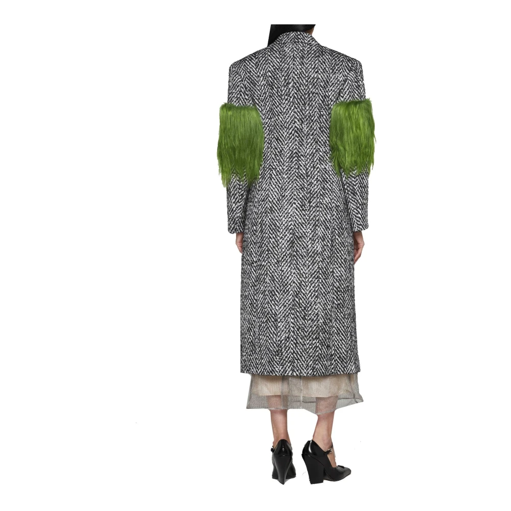 Prada Visgraat Wollen Jas met Nepbont Afwerking Gray Dames