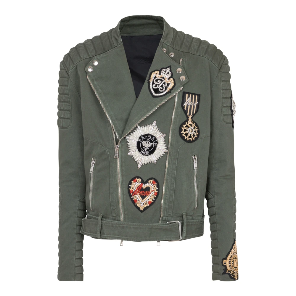 Balmain Denim Biker Jacket met Geborduurde Patches Green Heren