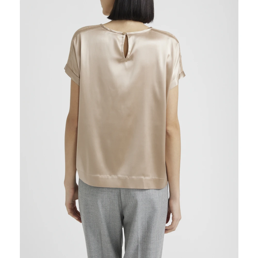 PESERICO Zijden satijnen T-shirt met Punto Luce afwerking Brown Dames