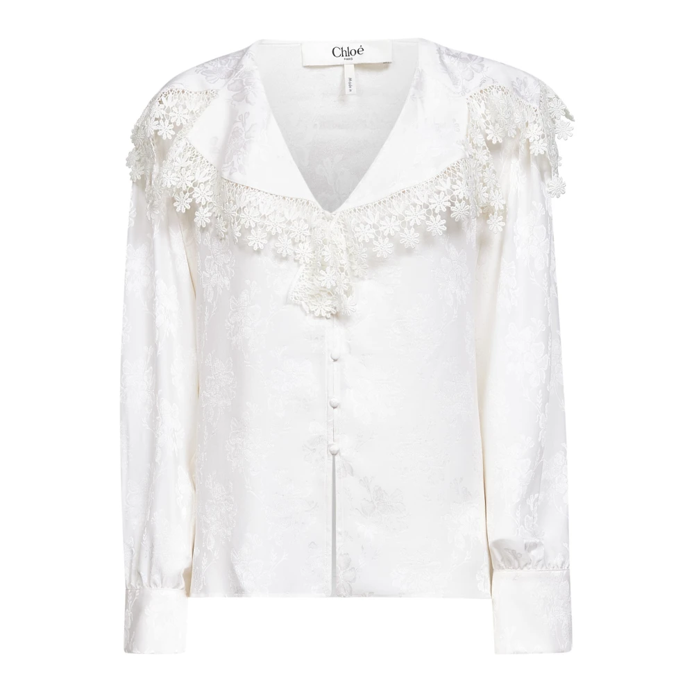 Chloé Women's White Maxi-Collar Blouse In Silk Jacquard & Lace
