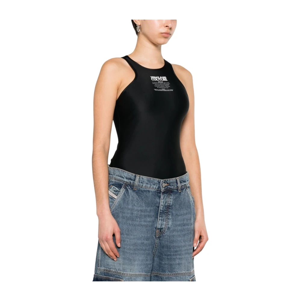 Versace Jeans Couture Gestreepte Logo Bodysuit met Haak-en-oog Sluiting Black Dames