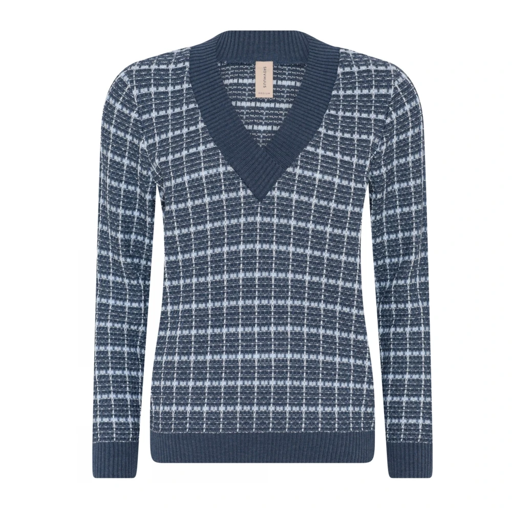 Skovhuus Geruite V-hals Pullover Indigo Trui Blue Dames
