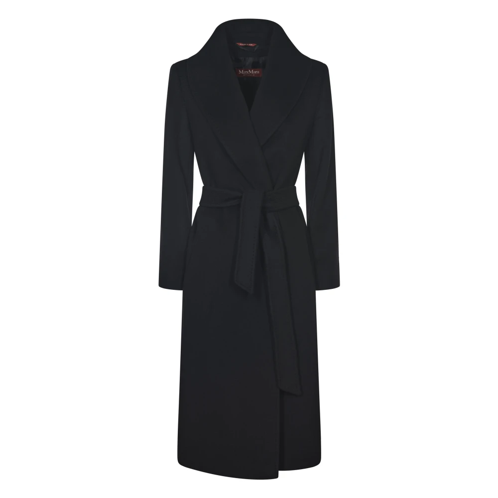 Max Mara Zwarte Wol Lange Jas Met Riem Black Dames