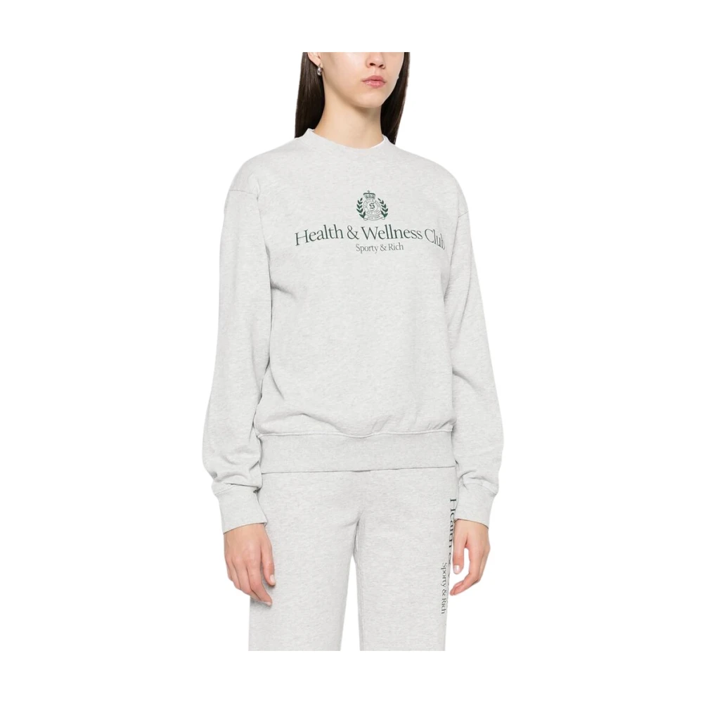 Sporty & Rich Heather Grey Logo Print Crew Neck Sweater Gray Dames