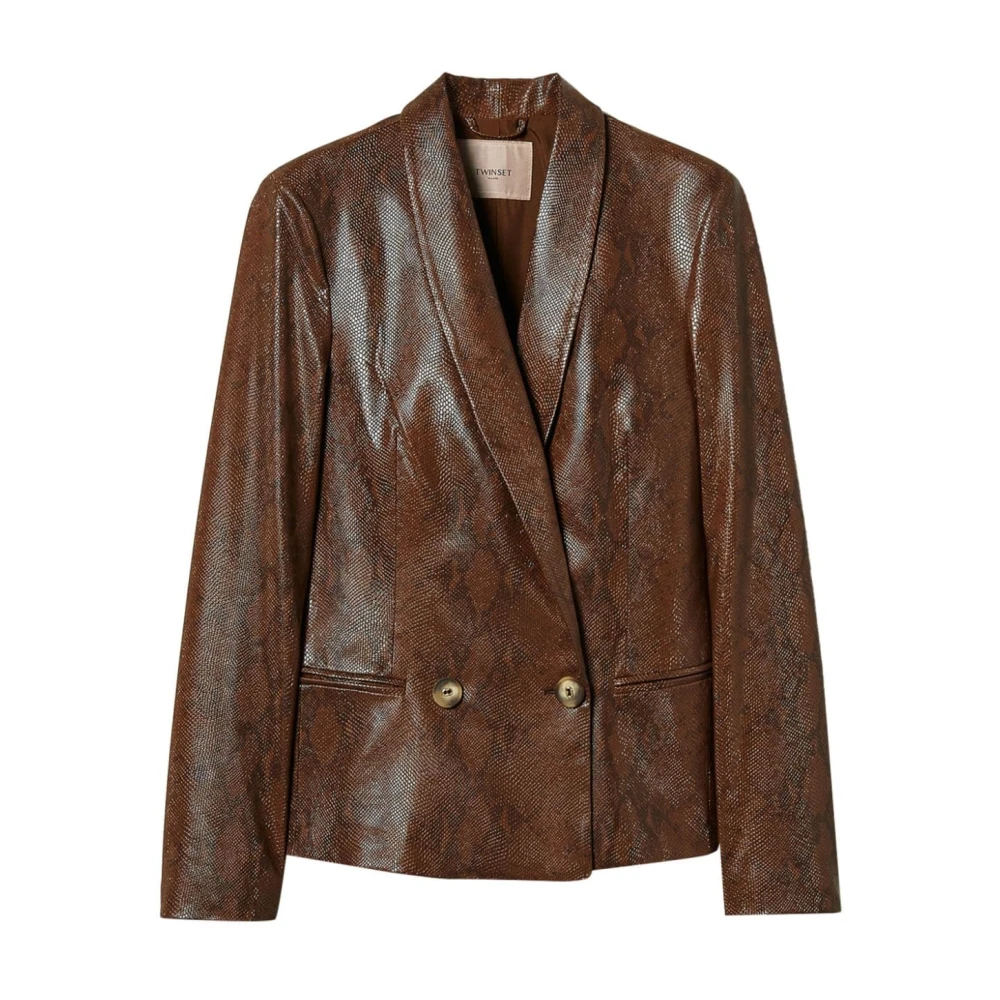 Twinset Bruin Nep Leren Double-Breasted Jas Brown Dames