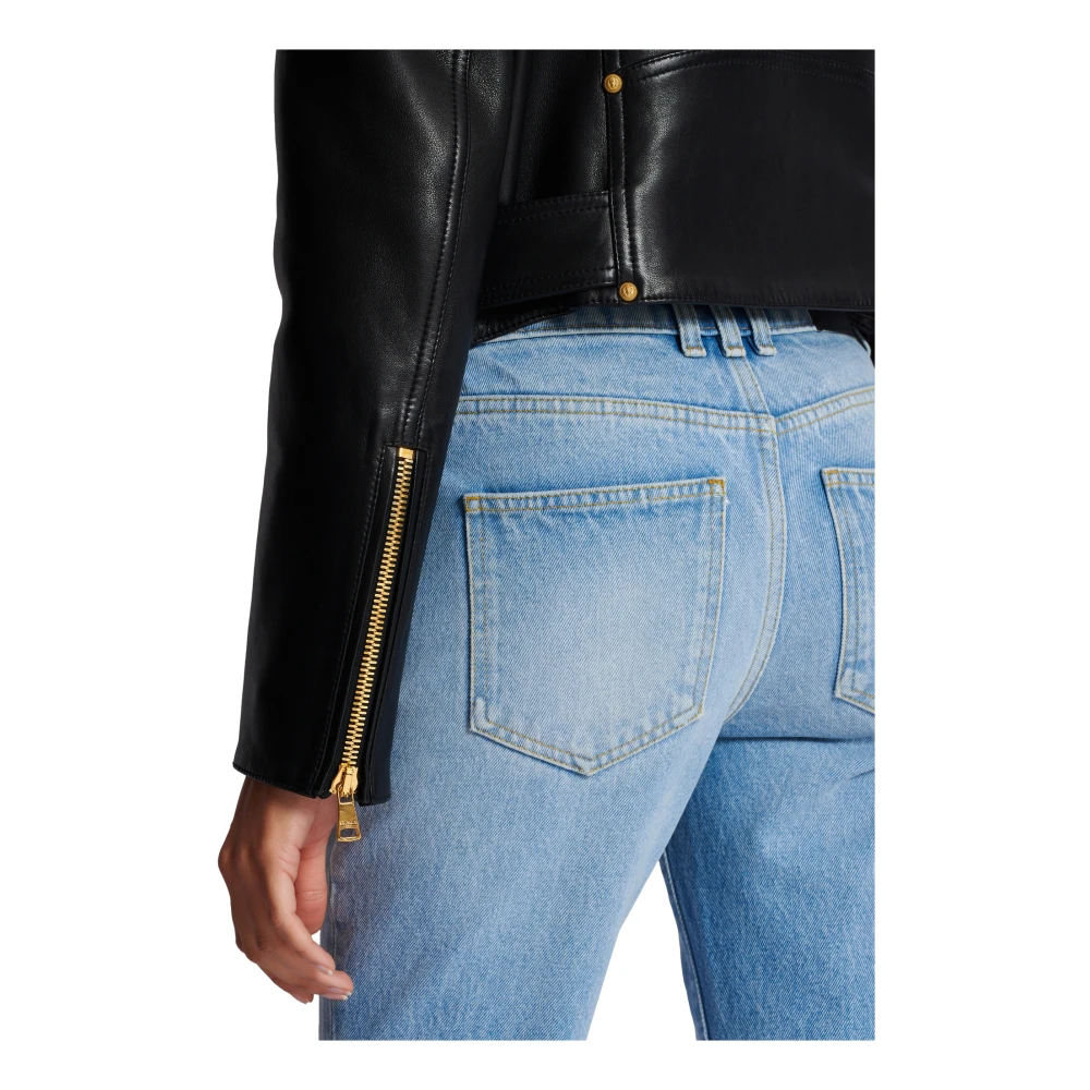 Balmain Leren bikerjack met rits Black Dames