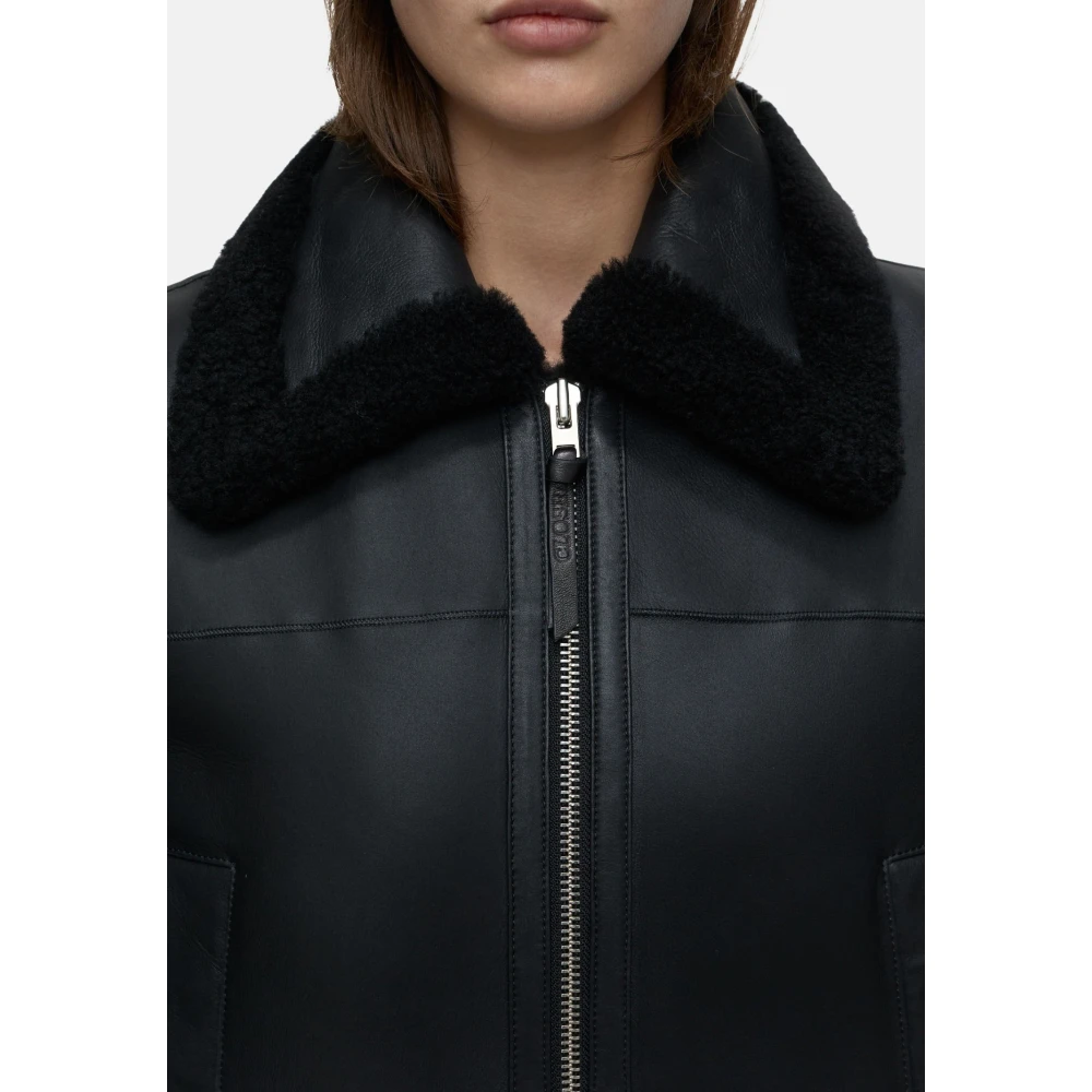 closed Aviator Style Schapenleren Jas met Zijzakken en Ritssluiting Black Dames