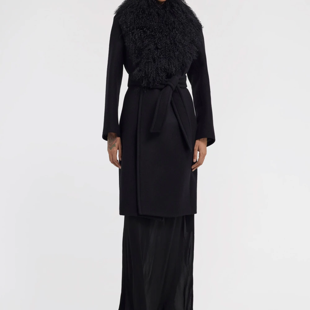 Roberto Cavalli Lange Jas met Nep Bont Kraag Black Dames