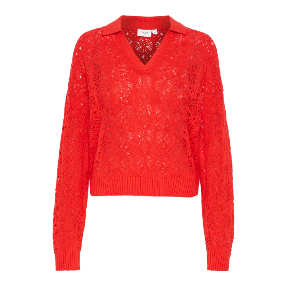 Saint Tropez Röd Stickad Polo Pullover Red, Dam