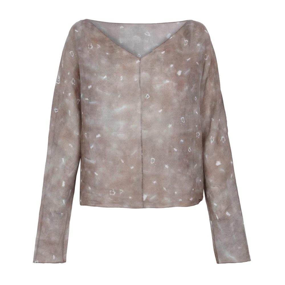 Cortana Women's Beige Blouses, L, Printed Ramie Top
