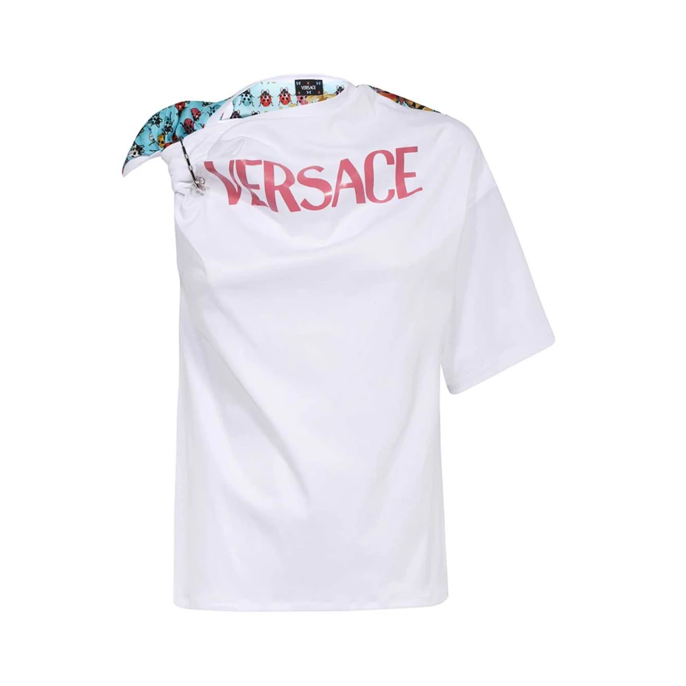 Versace Logo Print T-shirt Medusa Veiligheidsspeld White Dames