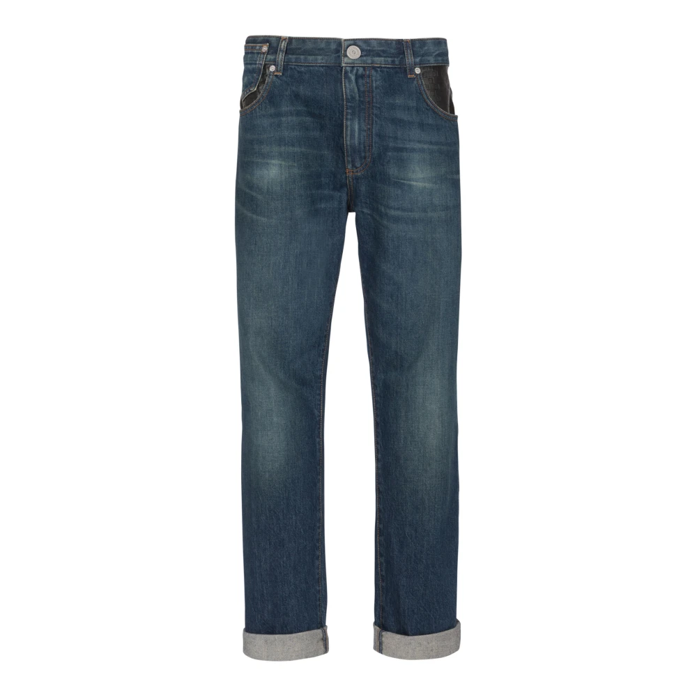 Balmain Blue Straight-Leg Jeans With Leather Pockets - Male - Straight Fit Jeans - W34 - Jeans