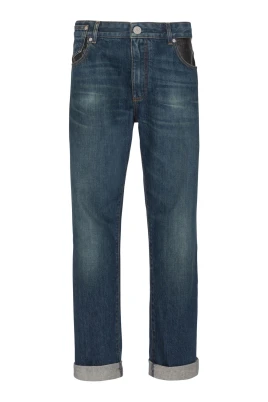 Straight-leg jeans med läderfickor