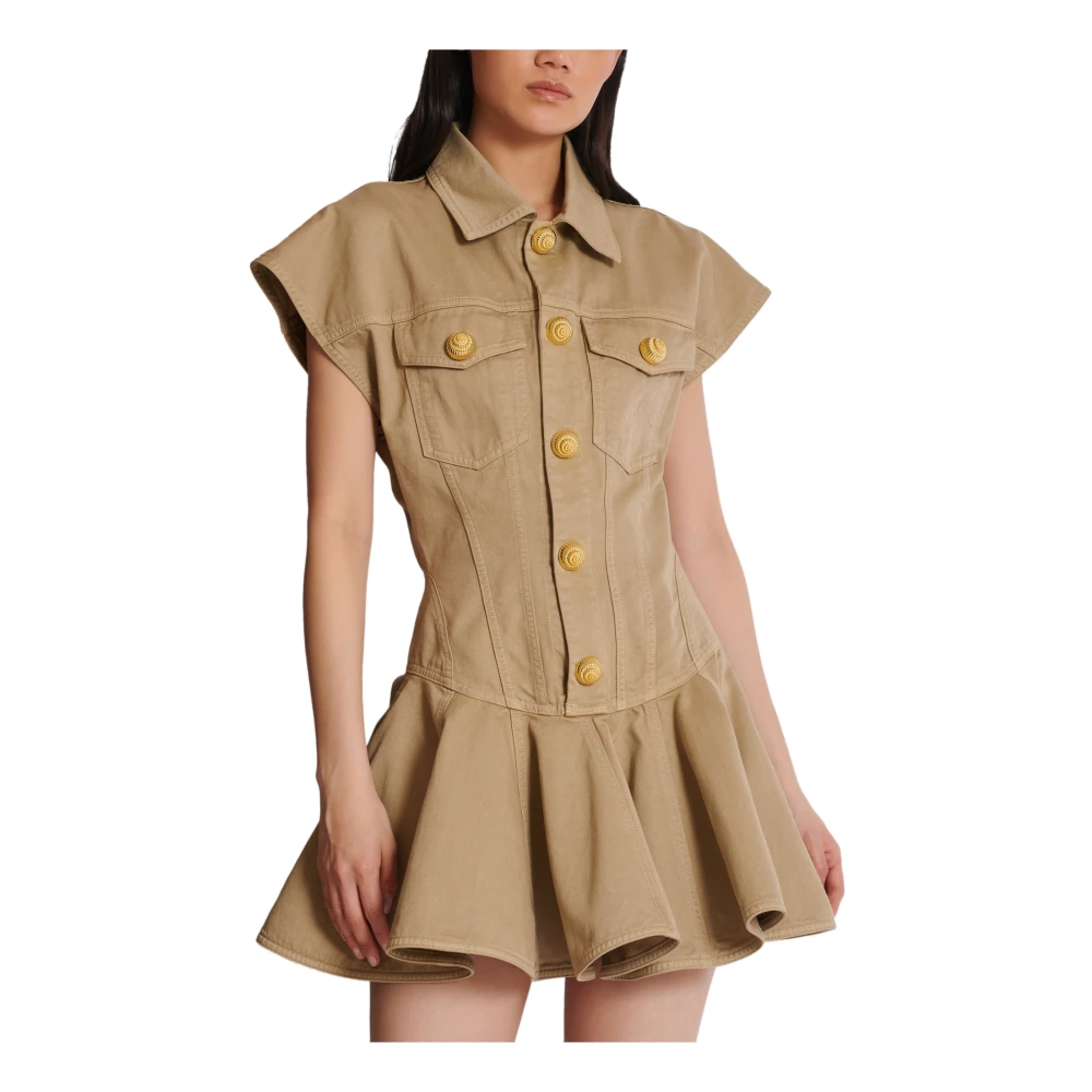 Balmain Wijd uitlopende jurk van katoenen canvas Beige Dames