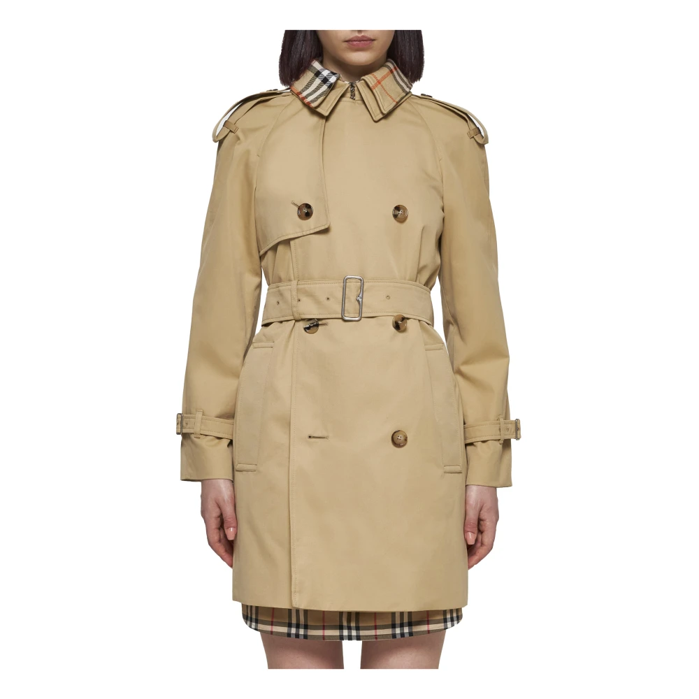 Burberry Korte Trenchcoat met Ruitdetails Beige Dames