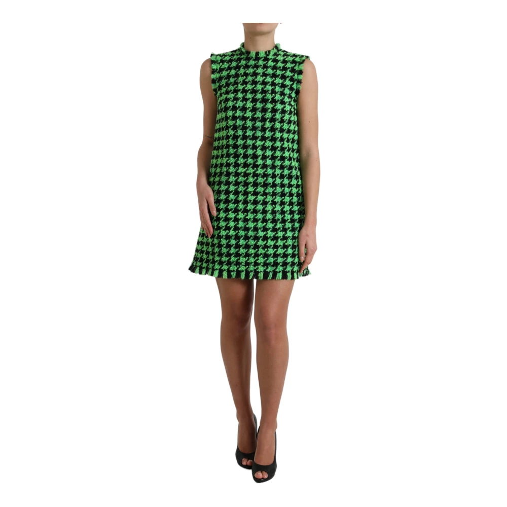 Dolce & Gabbana Elegante Gebreide Minijurk met Houndstooth Patroon Green Dames