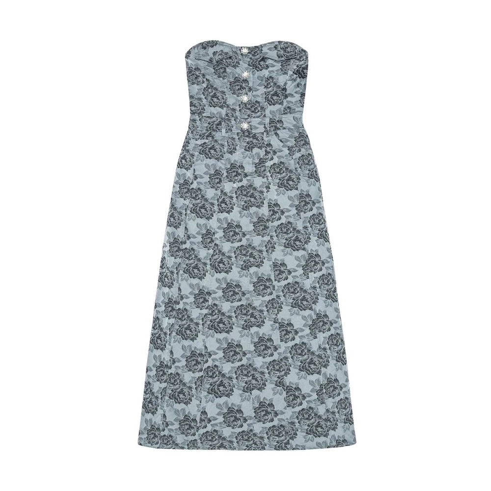 Ganni Blauwe Bloemen Jacquard Strapless Jurk Blue Dames