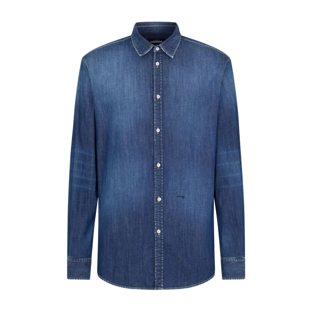 Dsquared2 Navy Denim Shirt met Logo Print Blue Heren