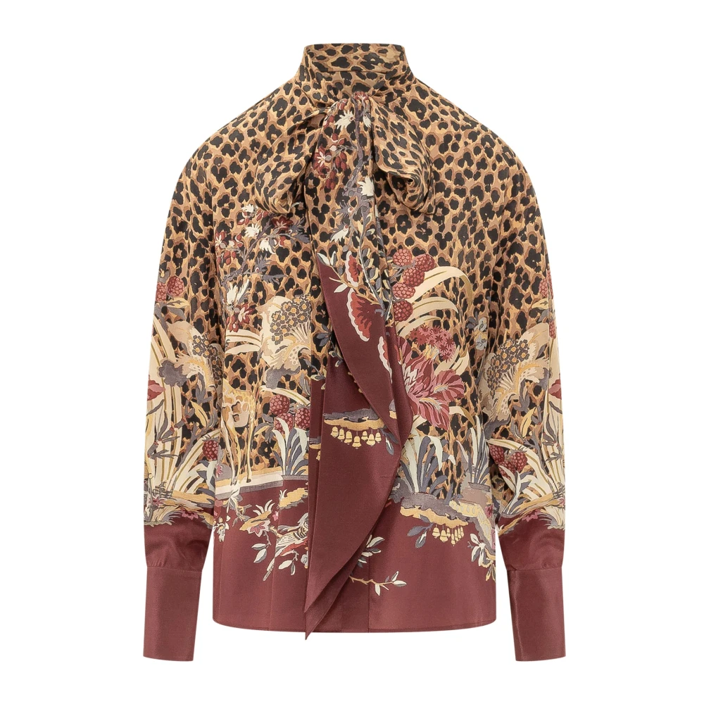Etro Silk Blouse With Placed Print - Female - Blouses - Brown - Xs - Blouses & Shirts