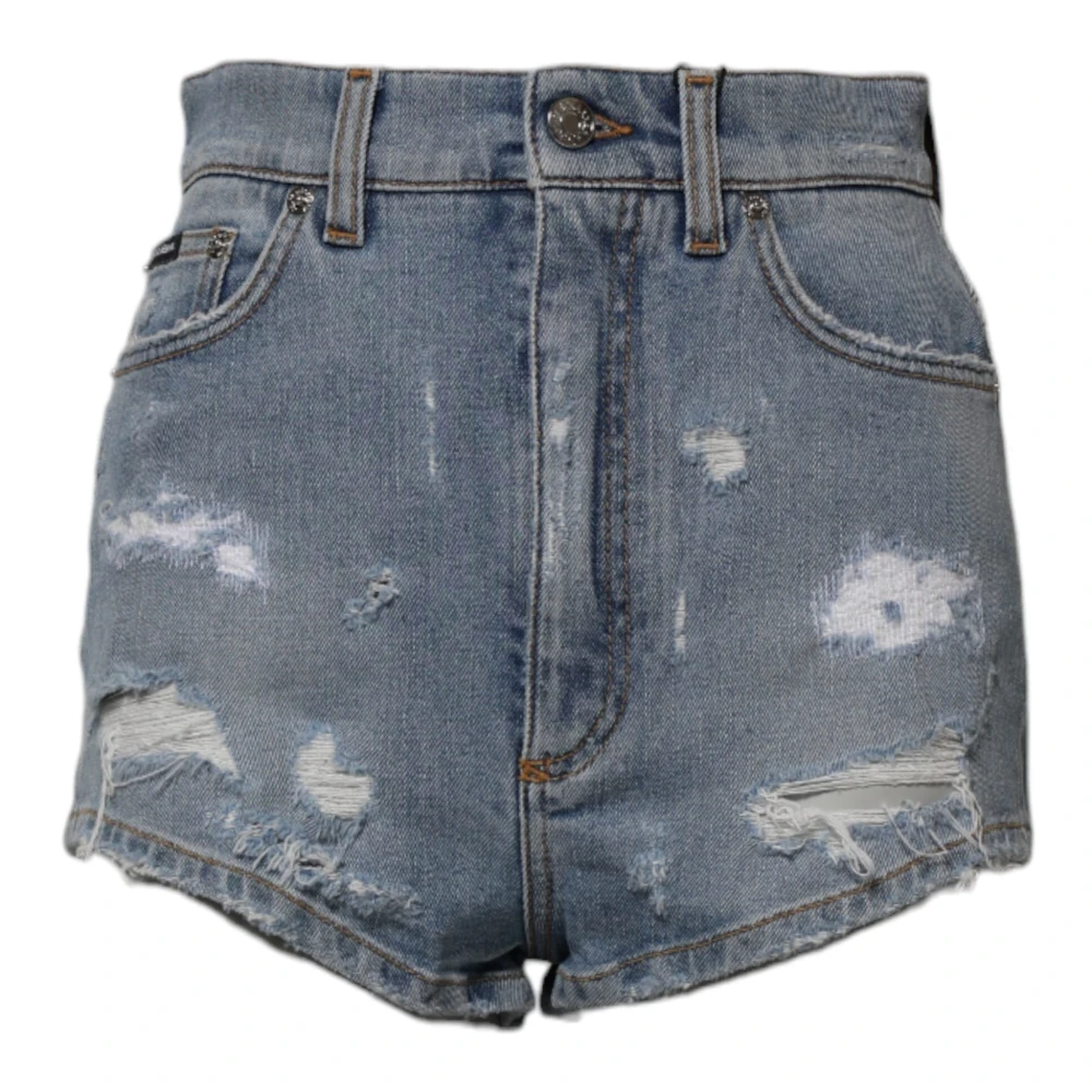 Dolce & Gabbana Women's Blue Tattered Denim Hot Pants Shorts