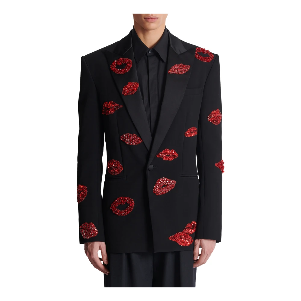 Balmain Crepe 1-knoops jasje met Kiss borduurwerk Black Heren