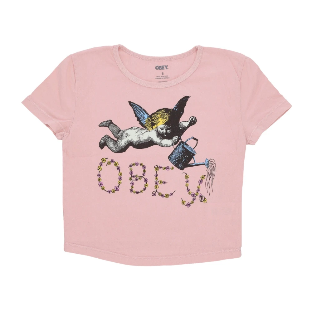 Obey Cherub Print Korte Mouw Crop Tee Pink Dames