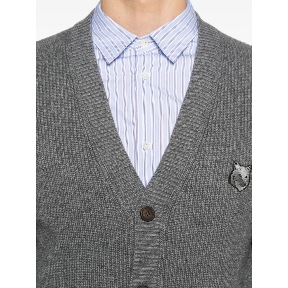 Maison Kitsuné Fox Head Wool Cardigan Sweater Gray Heren