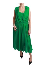 100% Silk Green Sleeveless Pleated Maxi Dress