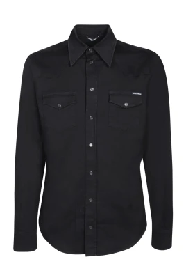 Tidlös svart denimskjorta med spetsig krage