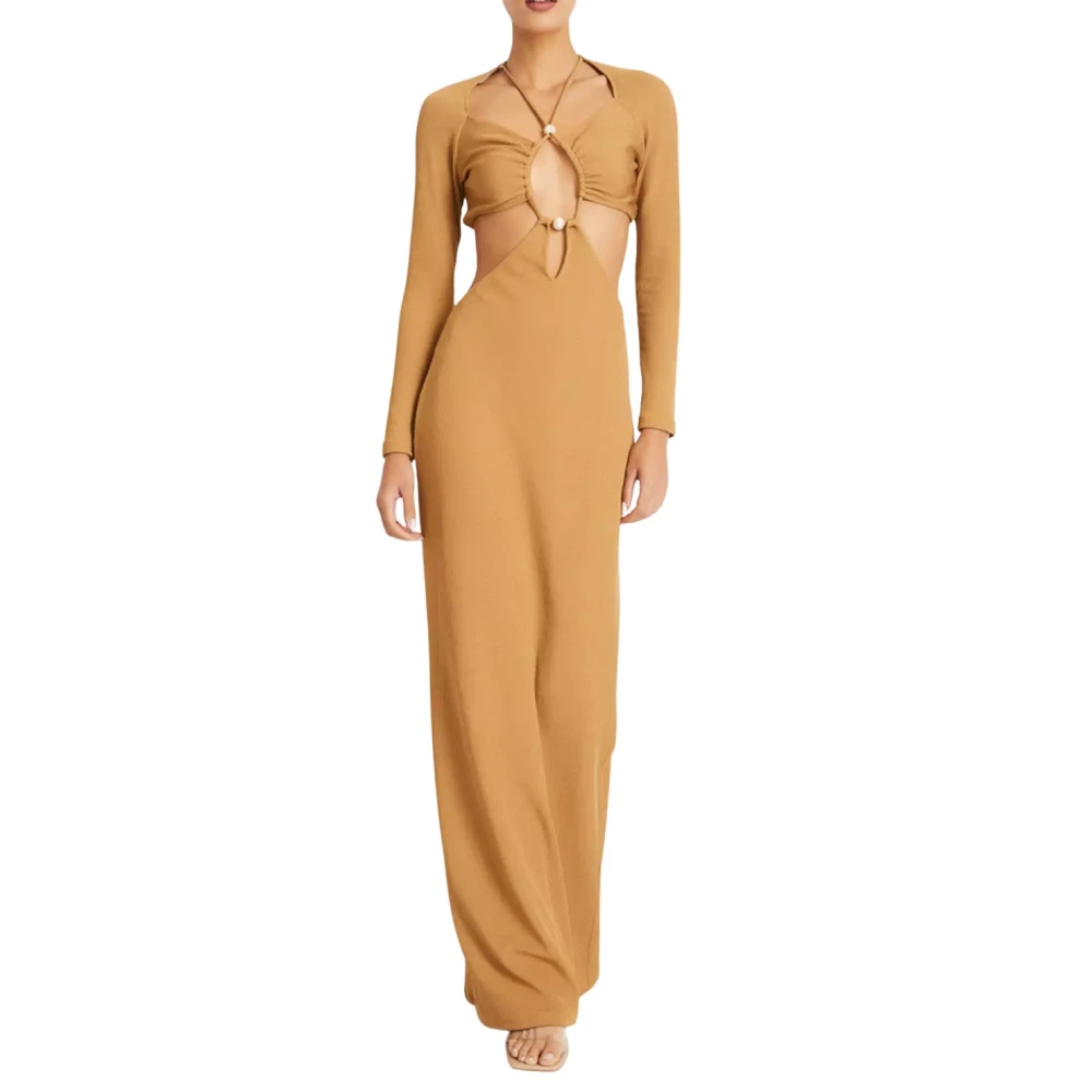 Patbo Bruine Maxi Jurk met Sierlijke Halslijn Brown Dames