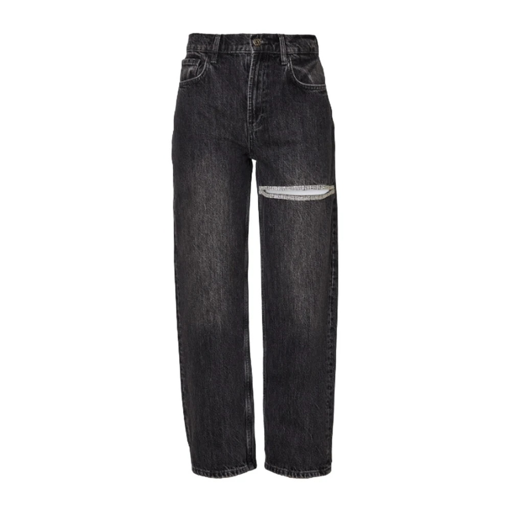 Liu Jo Hoge Taille Rechte Pijp Denim Jeans met Uitgesneden Strass Detail Black Dames