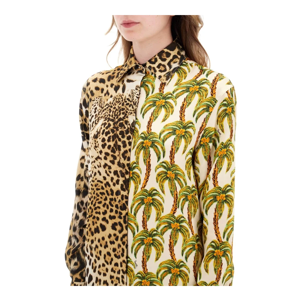 Roberto Cavalli Shirt met jaguar- en palmboomprint Beige Dames