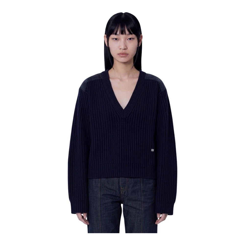 Ganni Women's Navy Wool Melange Rib Stripe V Neck - Woman Knitwear S - Image 3