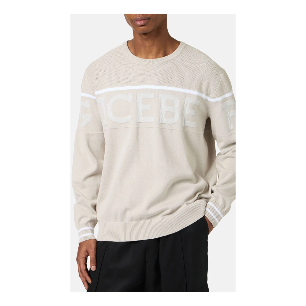 Iceberg Ijskleurige crewneck sweater in Mak� katoen met tweekleurig jacquardwerk Beige Heren
