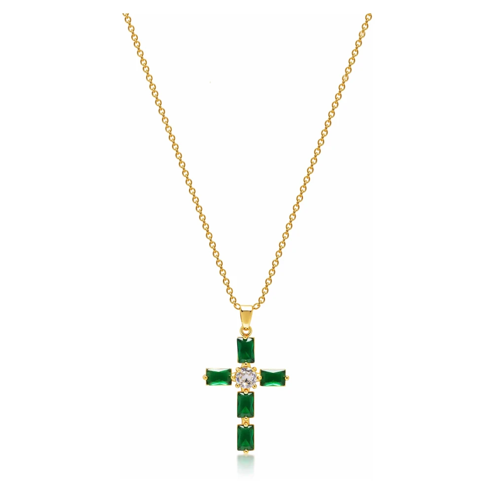 Womens Green CZ Cross Necklace