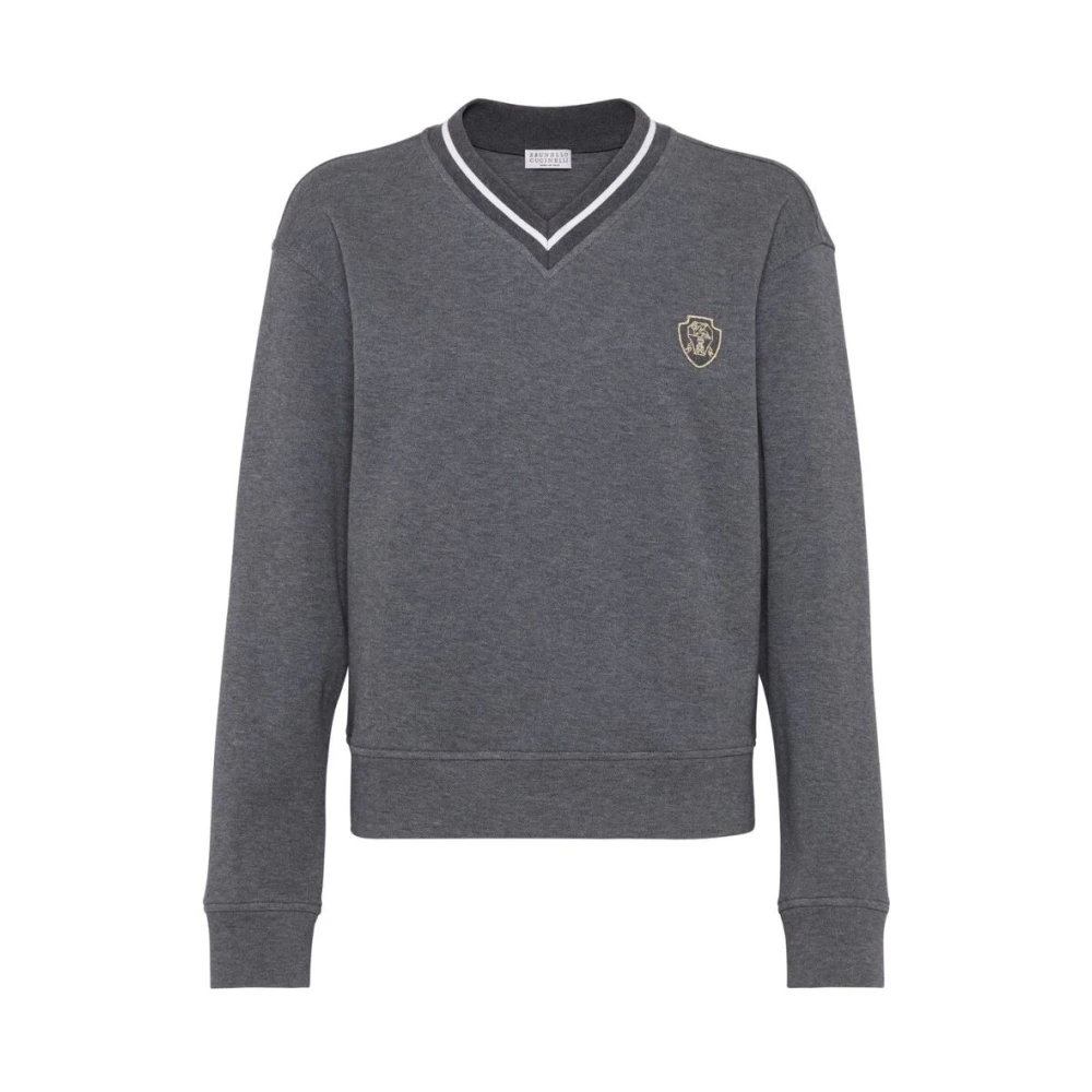 Brunello Cucinelli Grå Bomull V-ringad Sweatshirt med Stripe Trim Gray, Dam