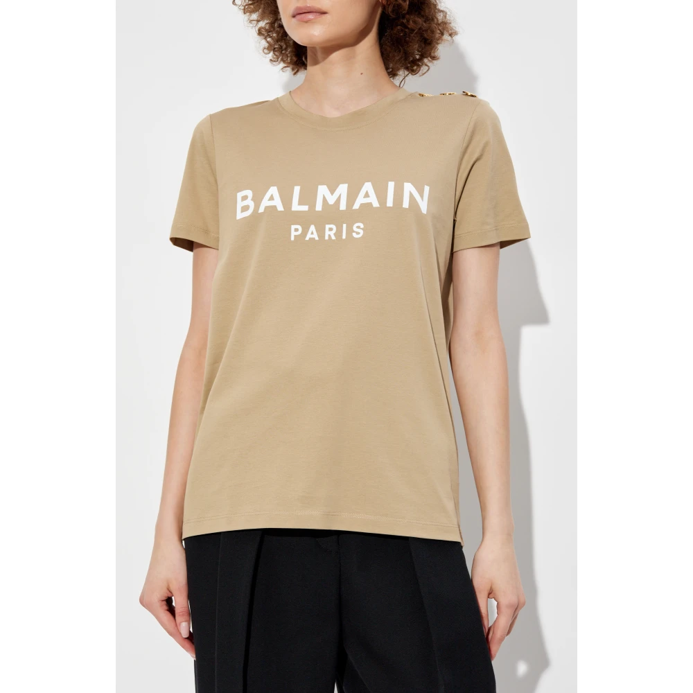 Balmain T-shirt met bedrukt logo Beige Dames