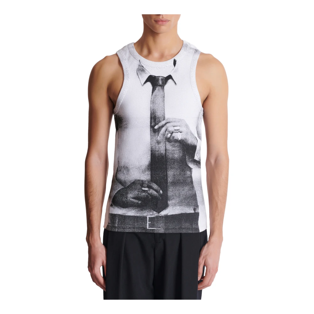 Balmain Geribbelde tanktop met stropdasprint White Heren