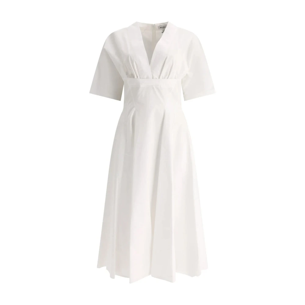 Alaïa Women's White Midi Dresses, M, Cotton Midi Dress V-Neckline Short Sleeve
