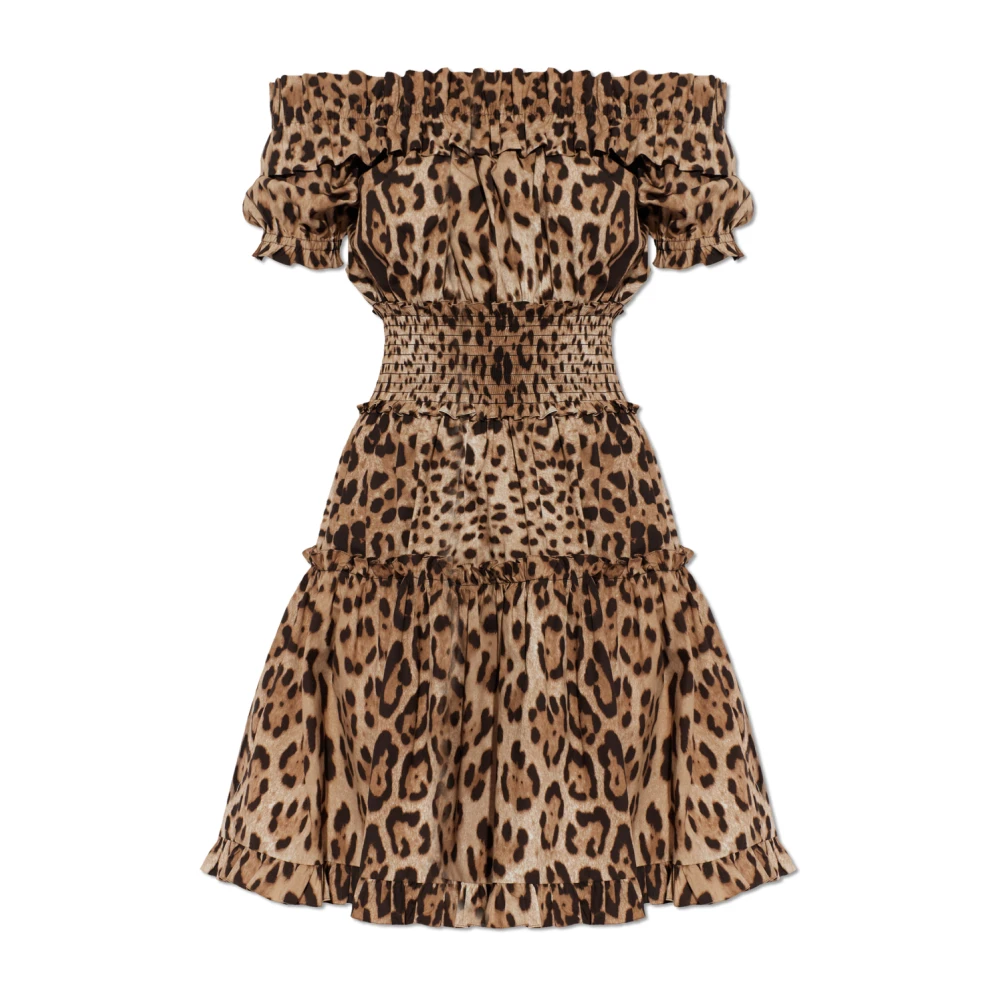 Dolce & Gabbana Vrouw Bruin Kleedjes Dames, M, Katoen, Animal Print Cady Korte Jurk