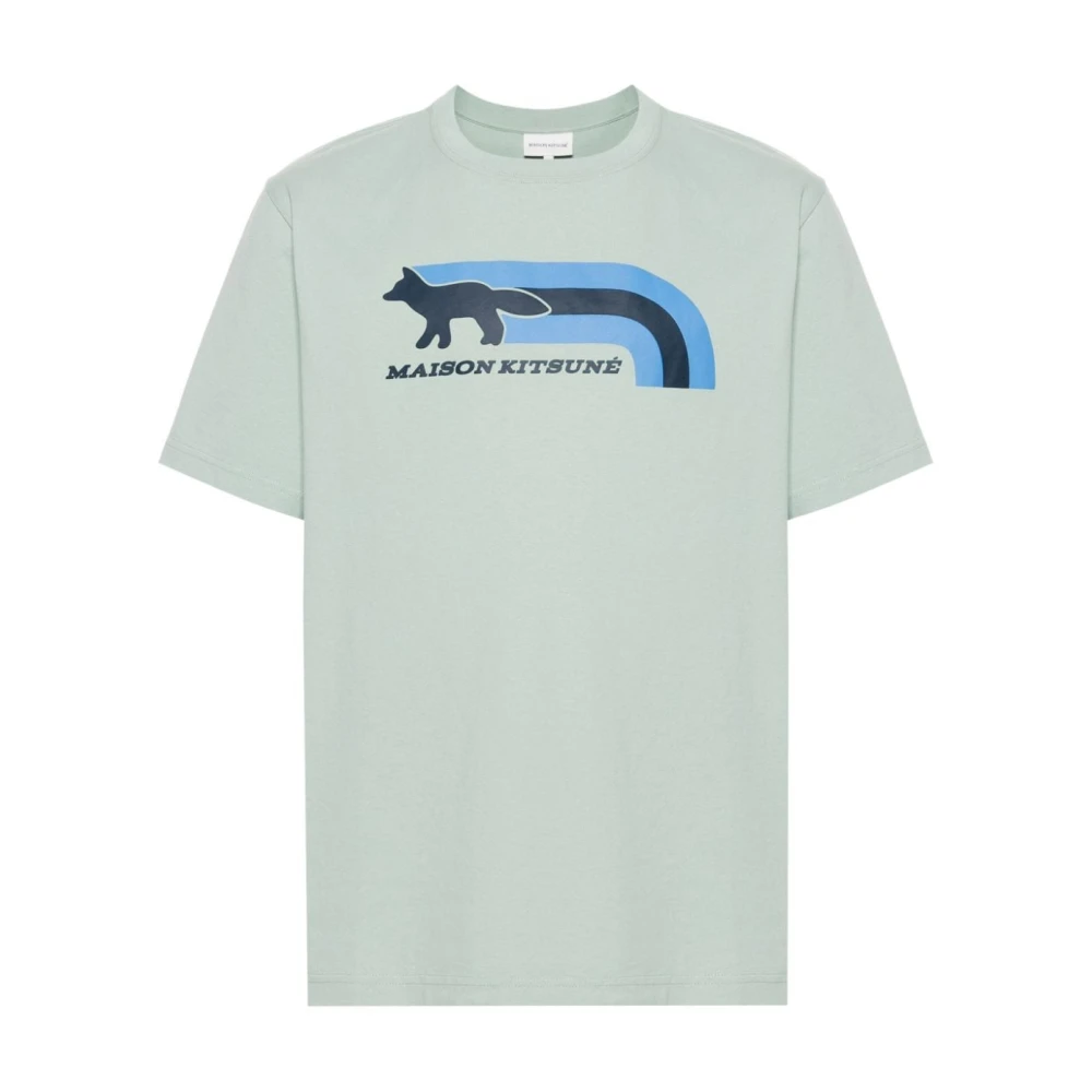 Maison Kitsuné Blå T-shirt med Silk-Screen Print Blue, Herr