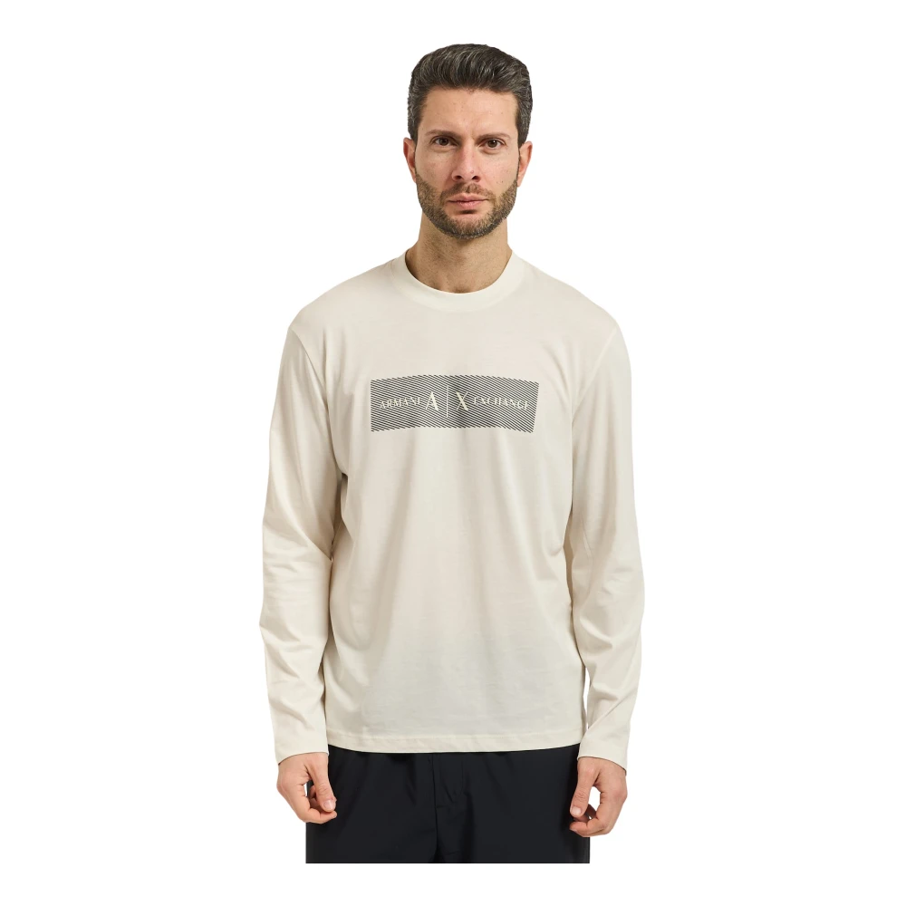 Armani Exchange Mannelijk Beige Tops Heren, L, Katoen, Long Sleeve Crewneck Top
