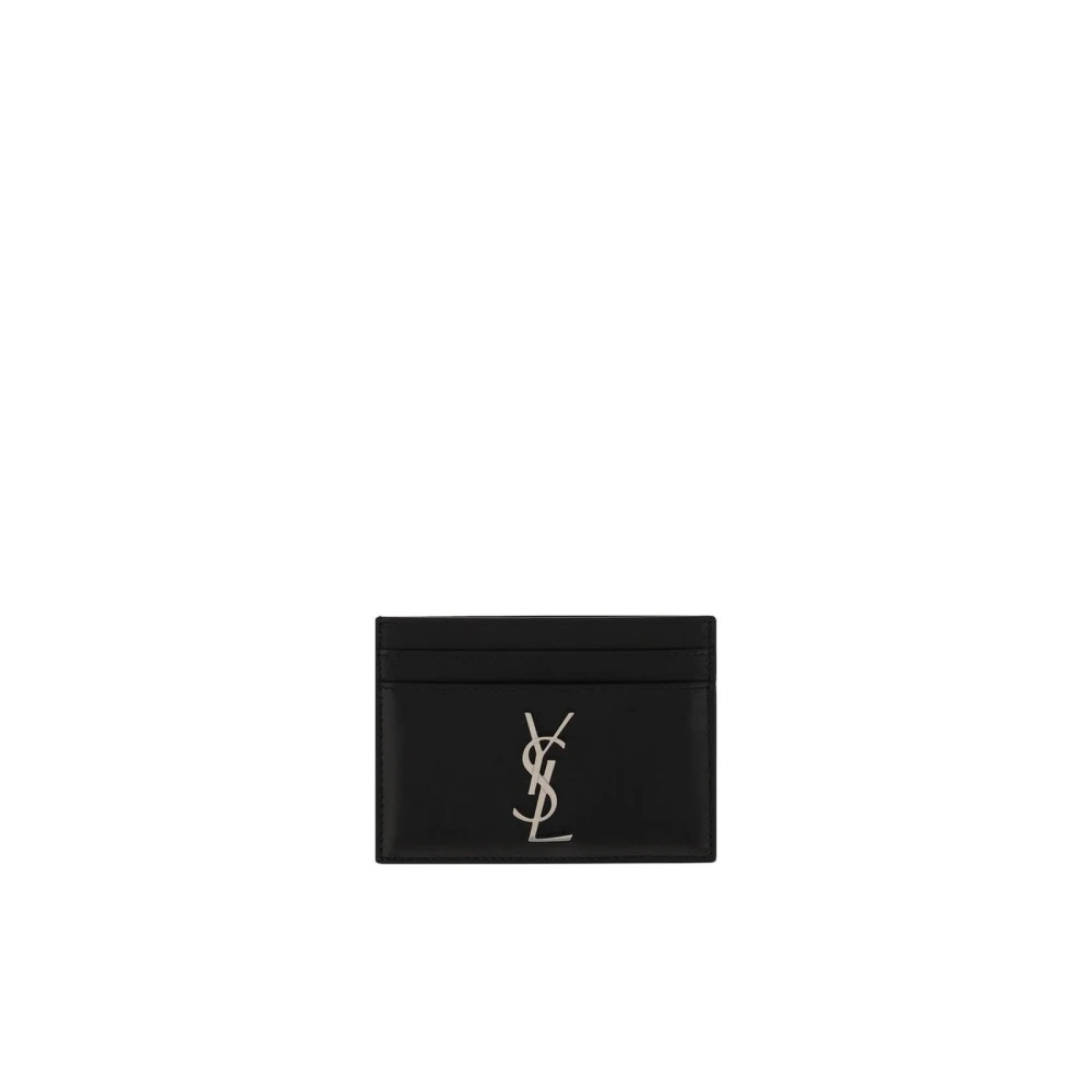 Saint Laurent Men's Black Wallets & Cardholders, One Size, Luxury Leather Card Holder With Metal Logo