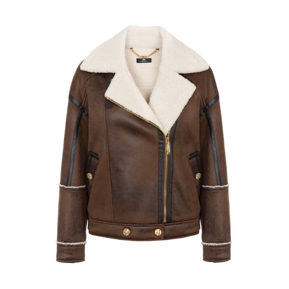 Elisabetta Franchi Bruine Shearling Jas met Gesp Sluiting Brown Dames