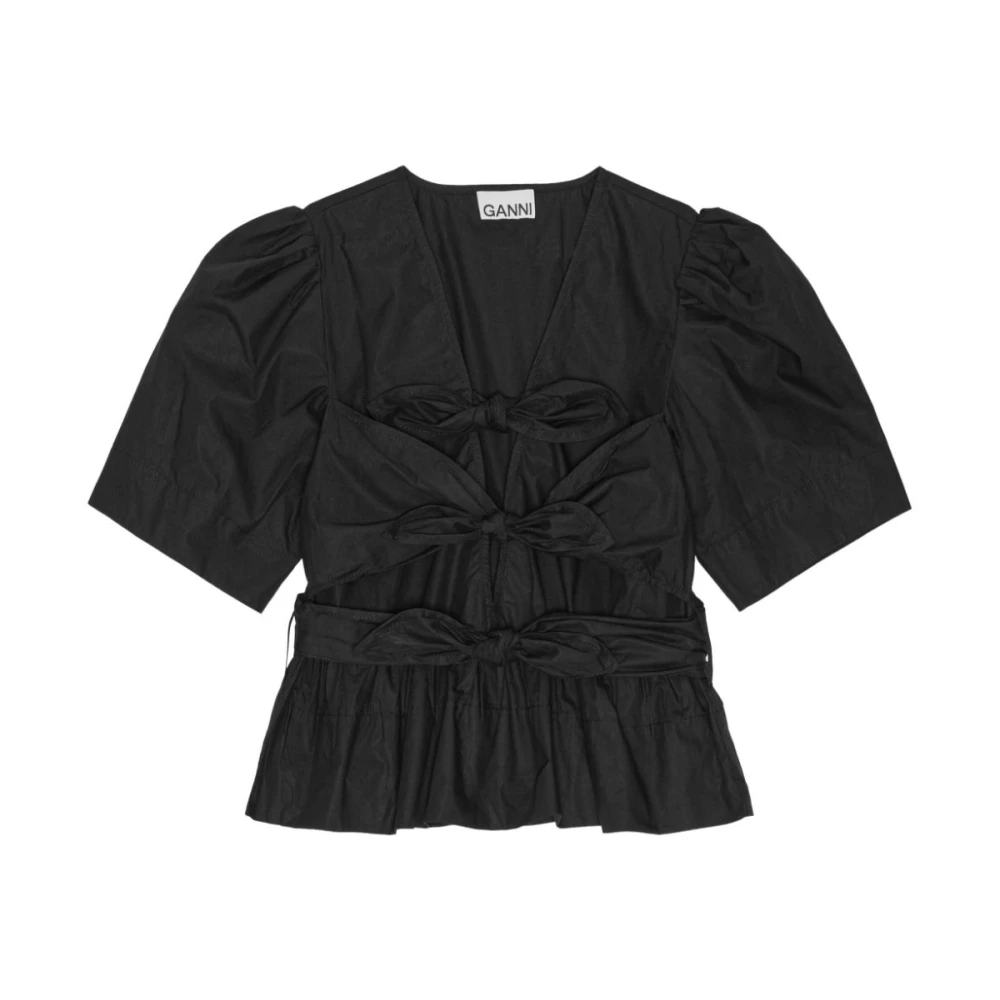 Ganni Women's Black Blouses, Xs, Plunging V-Neck Top
