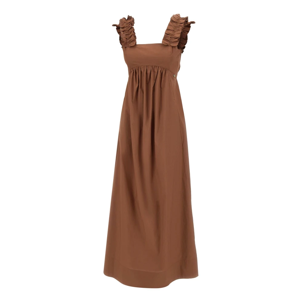 Liu Jo Vrouw Bruin Kleedjes Dames, Xl, Katoen, Maxi-Jurk Met Ruchesmouwen