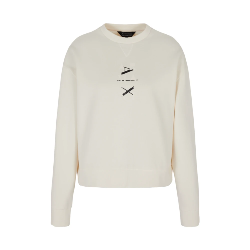 Armani Exchange Women's White Sweatshirts,, Cotton Crewneck Jumper Logo Print Small